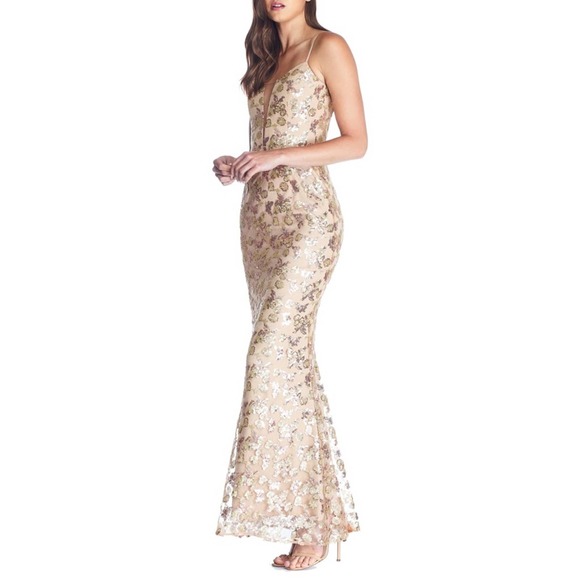 Dress The Population Mara Lace Sequin Gold Maxi Dress Large - Picture 12 of 12